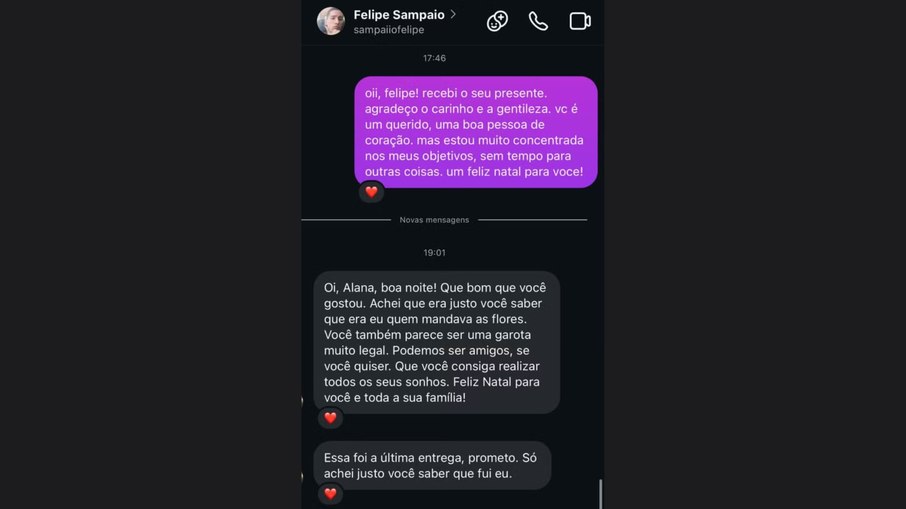 Mensagens mostram que Alana agradeceu presente e afirmou não ter interesse em relacionamento; investigação aponta insistência do suspeito após a recusa. Mensagens mostram que Alana agradeceu presente e afirmou não ter interesse em relacionamento; investigação aponta insistência do suspeito após a recusa.
