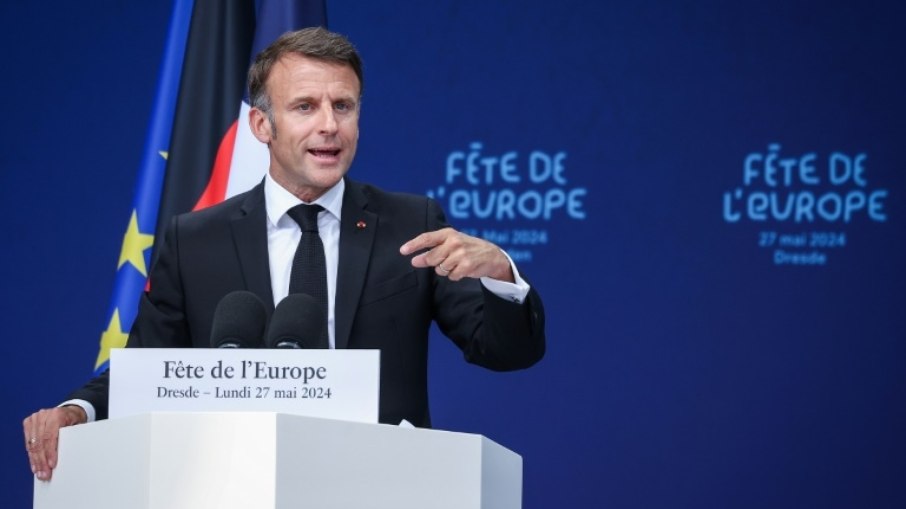 O presidente francês, Emmanuel Macron, em discurso na Europa