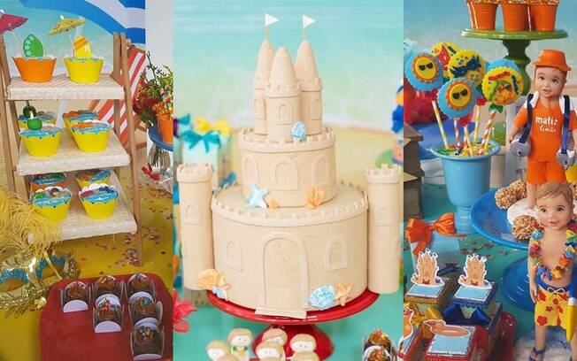 O tema de praia da festa de Rocco teve até mesmo um bolo que parece um castelo de areia e docinhos com guarda-sóis