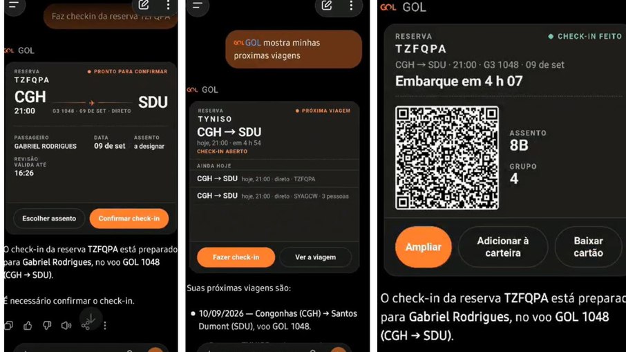 Passo 1, 2 e 3 de como fazer o check-in da Gol usando ChatGPT Passo 1, 2 e 3 de como fazer o check-in da Gol usando ChatGPT