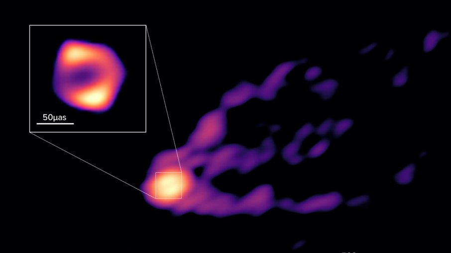 Esta imagem do GMVA+ALMA mostra o jato de M87 e a sombra do buraco negro juntos pela primeira vez, dando aos cientistas o contexto necessário para entender onde o poderoso jato se formou. As novas observações também revelaram que o anel do buraco negro.