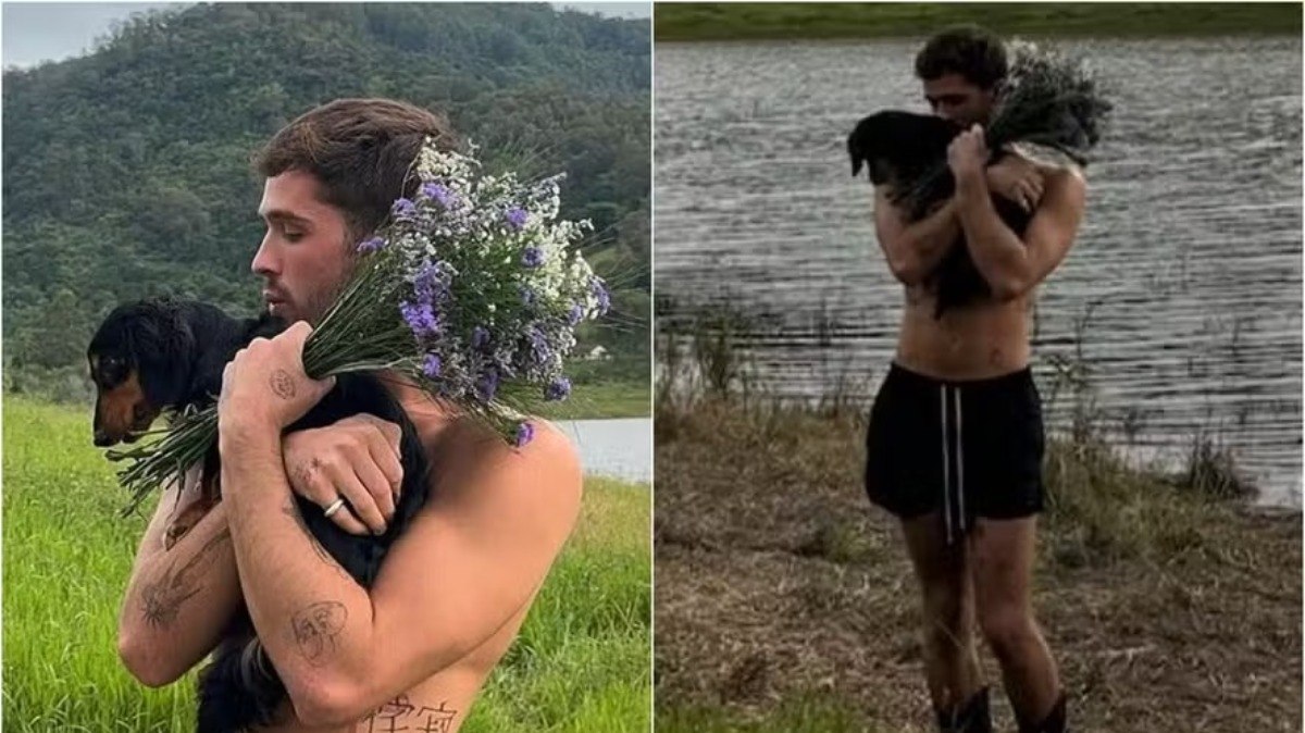 João Guilherme posa no campo com cachorro adotado com Marquezine João Guilherme posa no campo com cachorro adotado com Marquezine