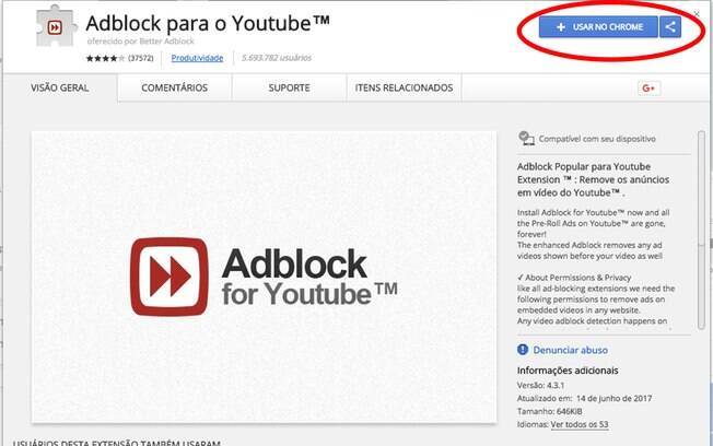 Clique em 'Usar no Chrome' para adicionar a extensão que serve para bloquear propagandas no seu navegador
