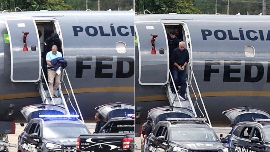 Chiquinho Brazão (à esq.) e Domingos Brazão (à dir.) desembarcam em Brasília após serem presos no RJ pela Operação Murder Inc