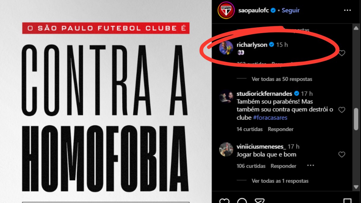 Indireta? Richarlyson comenta post do São Paulo contra homofobia Indireta? Richarlyson comenta post do São Paulo contra homofobia