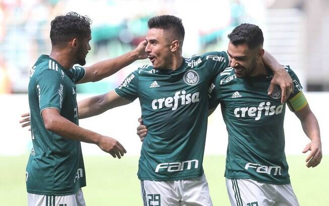 Jogadores do Palmeiras comemoram gol contra o Paraná