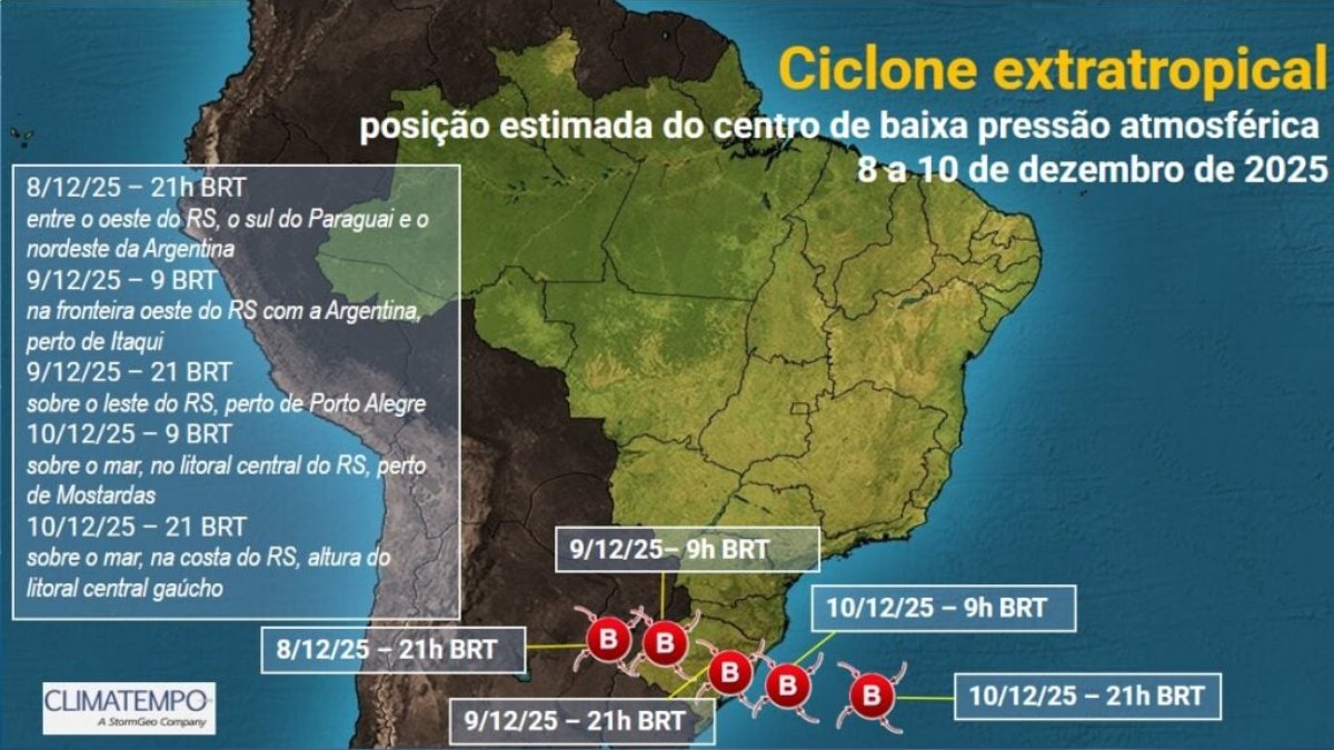 Mapa do Climatempo mostra o deslocamento do ciclone ao longo da semana Mapa do Climatempo mostra o deslocamento do ciclone ao longo da semana