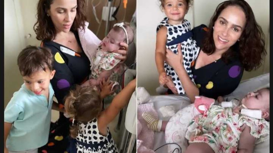 Letícia Cazarré reúne filhos em visita à filha caçula no hospital 