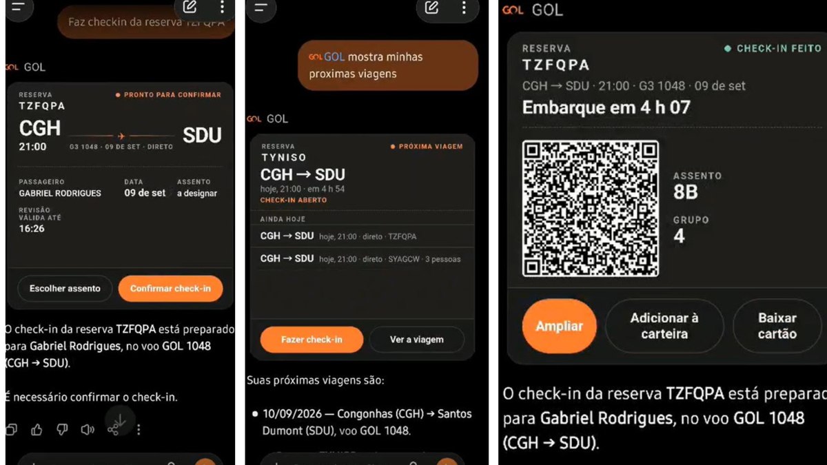 Passo 1, 2 e 3 de como fazer o check-in da Gol usando ChatGPT