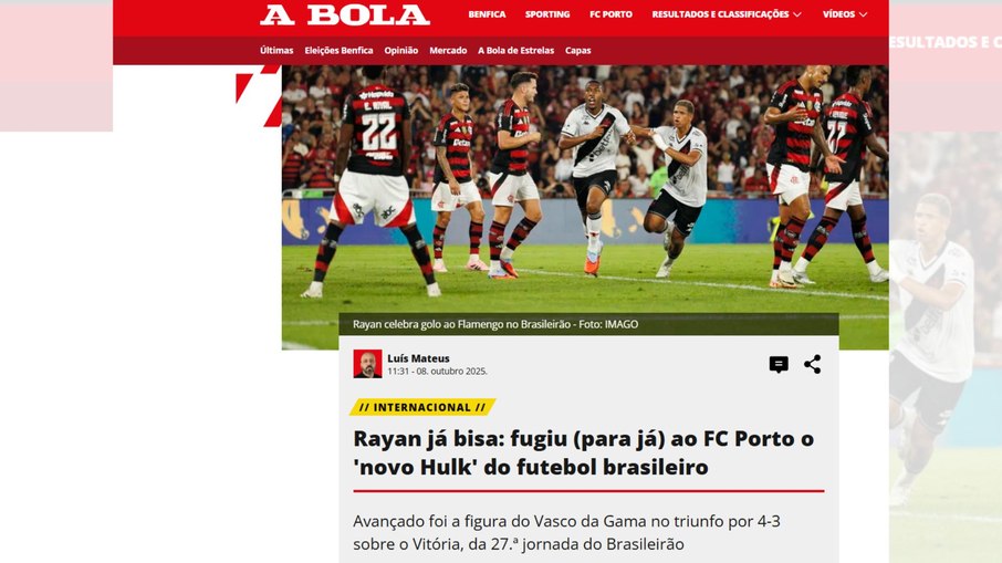 Rayan foi destacado pelo jornal português A Bola
