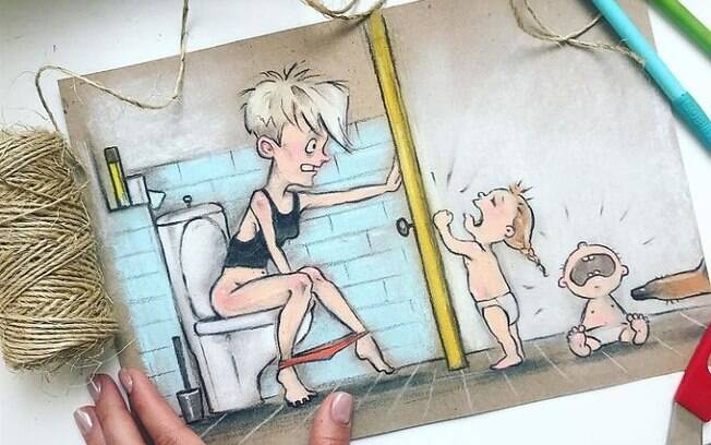 Desenhos sobre maternidade de Maria Gorbunova mostram que ela é incomodada até mesmo quando está no banheiro