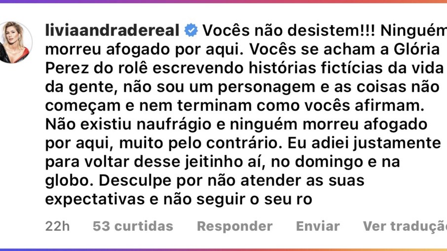 Print do comentário de Lívia Andrade no Instagram
