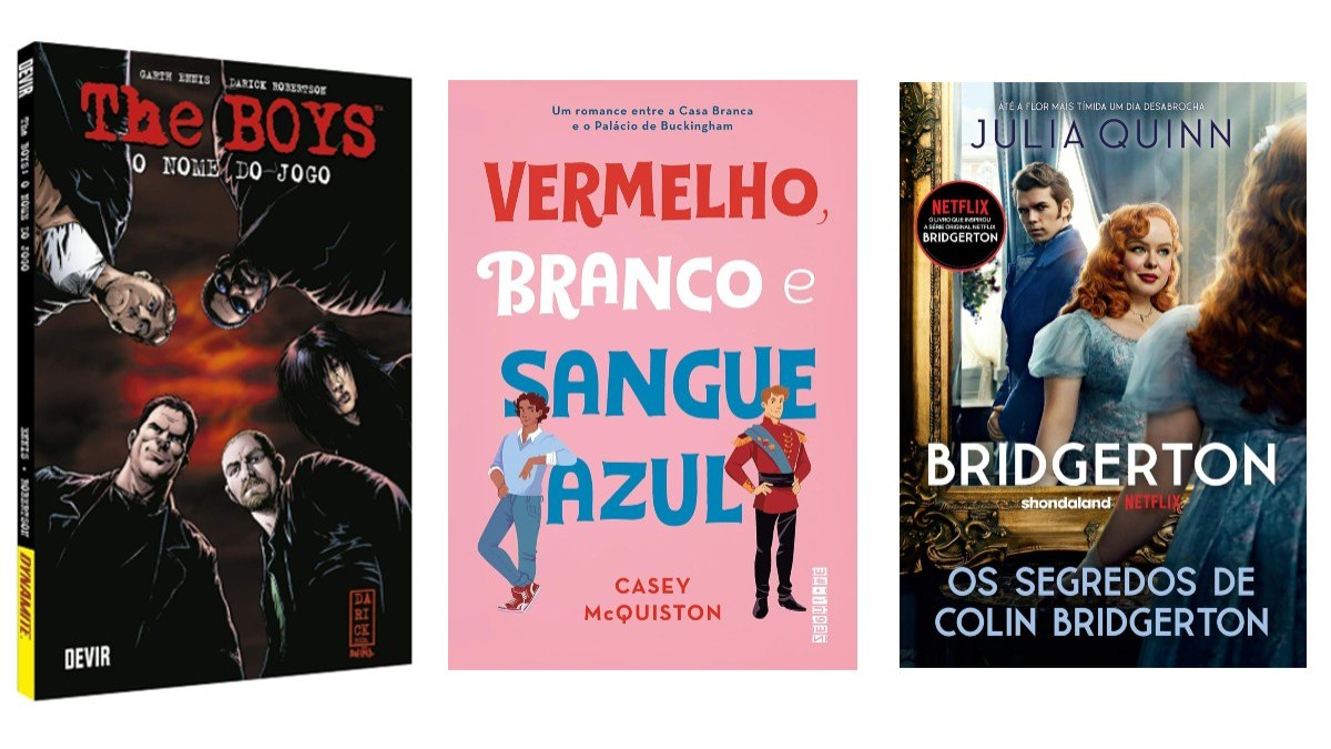 Livros 'The Boys', 'Vermelho, Branco e Sangue Azul' e 'Bridgerton'