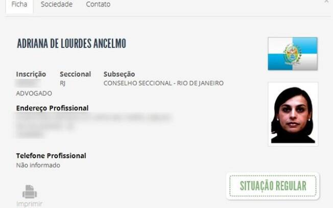 Registro de Adriana Ancelmo aparece como regularizado no site da OAB-RJ 