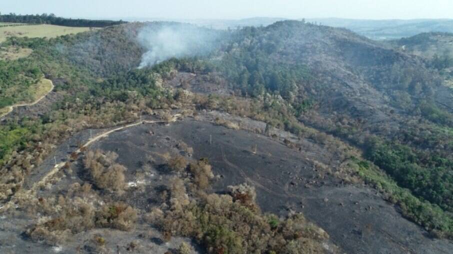 Imagens aéreas mostram área de proteção ambiental queimada em Joaquim Egídio.