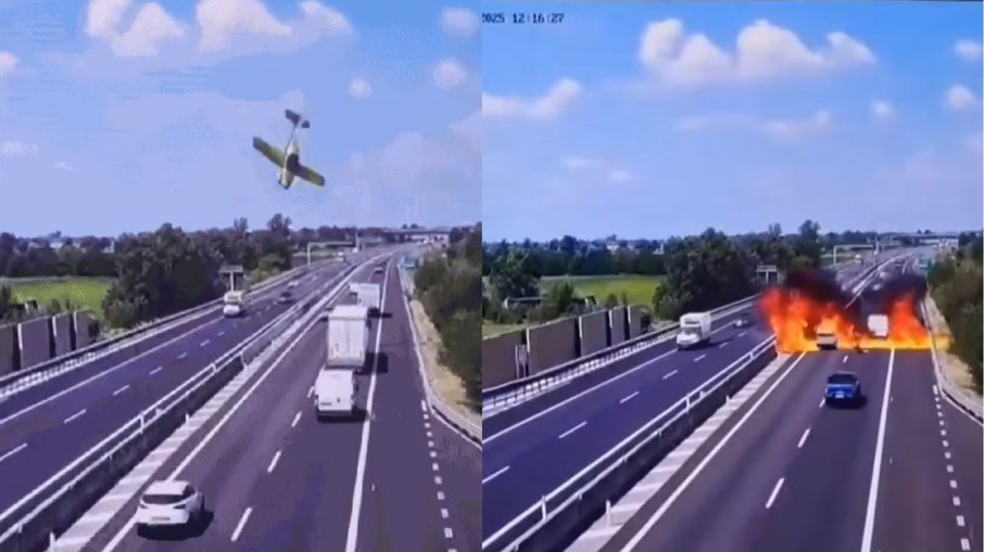 Momento em que avião cai em rodovia