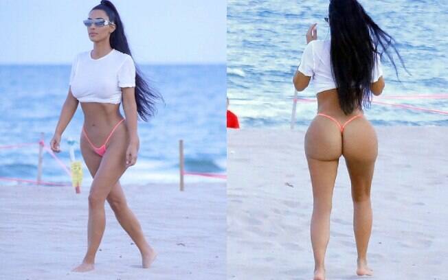Kim Kardashian exibe bumbum e arranca elogios na web