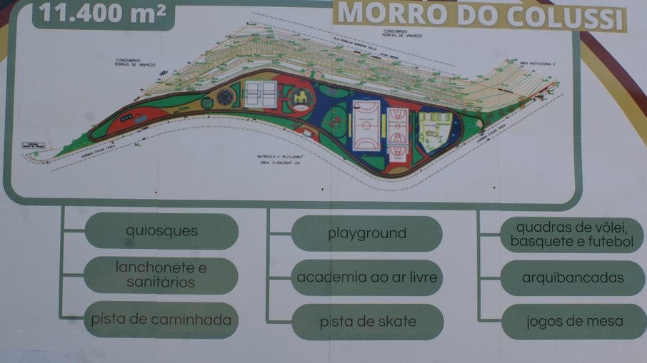 Placa informa os equipamentos que estarão à disposição dos moradores de Vinhedo