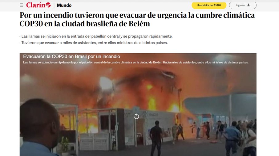 O Clarín destacou os problemas de infraestrutura enfrentados por Belém antes da COP30.