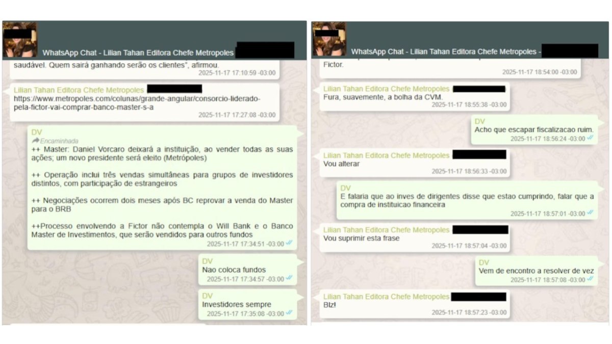 Mensagens trocadas entre Lilian Tahan e Daniel Vorcaro