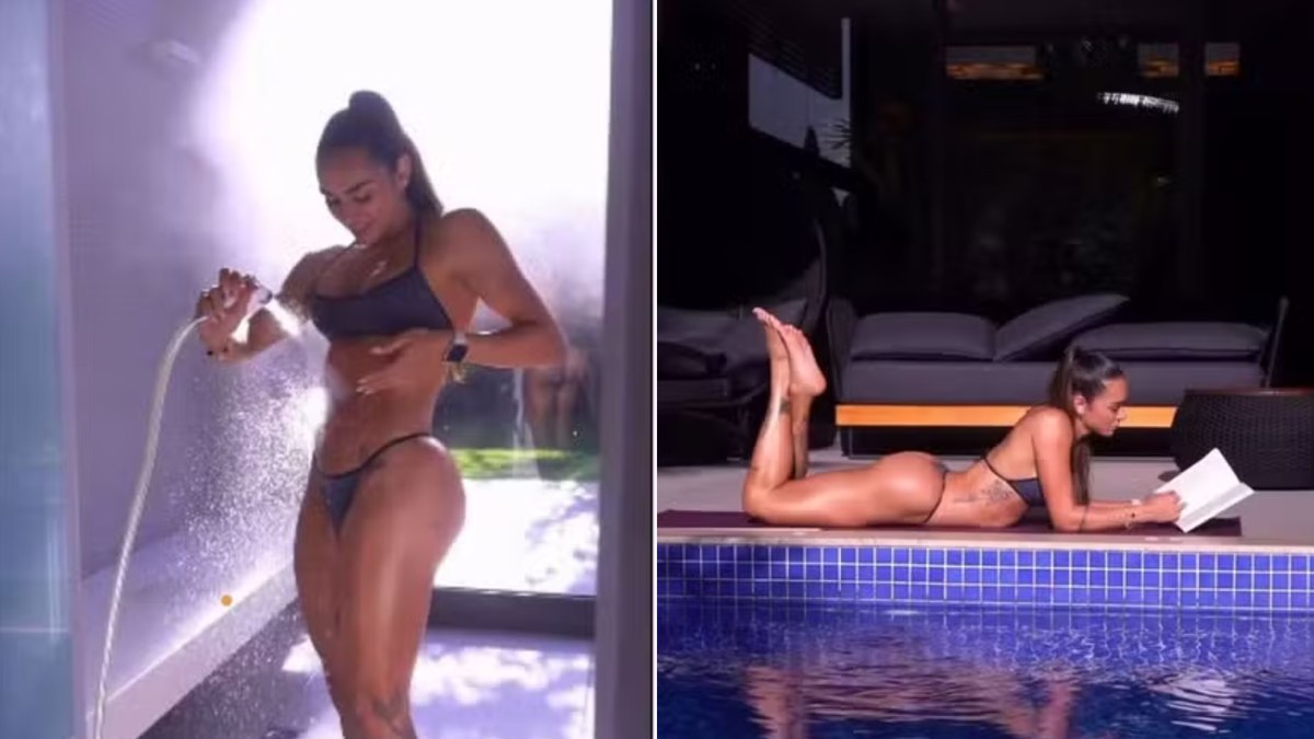 De biquíni, Tainá Militão curte sauna, treina e lê livro