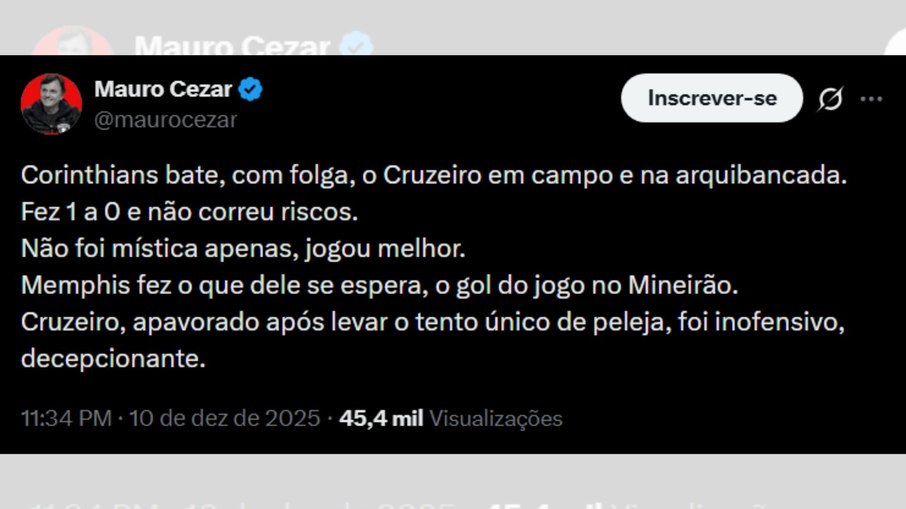 Mauro Cezar Pereira destaca vitória do Corinthians