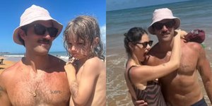 Chay Suede passeia com os filhos e esposa na praia; veja as fotos