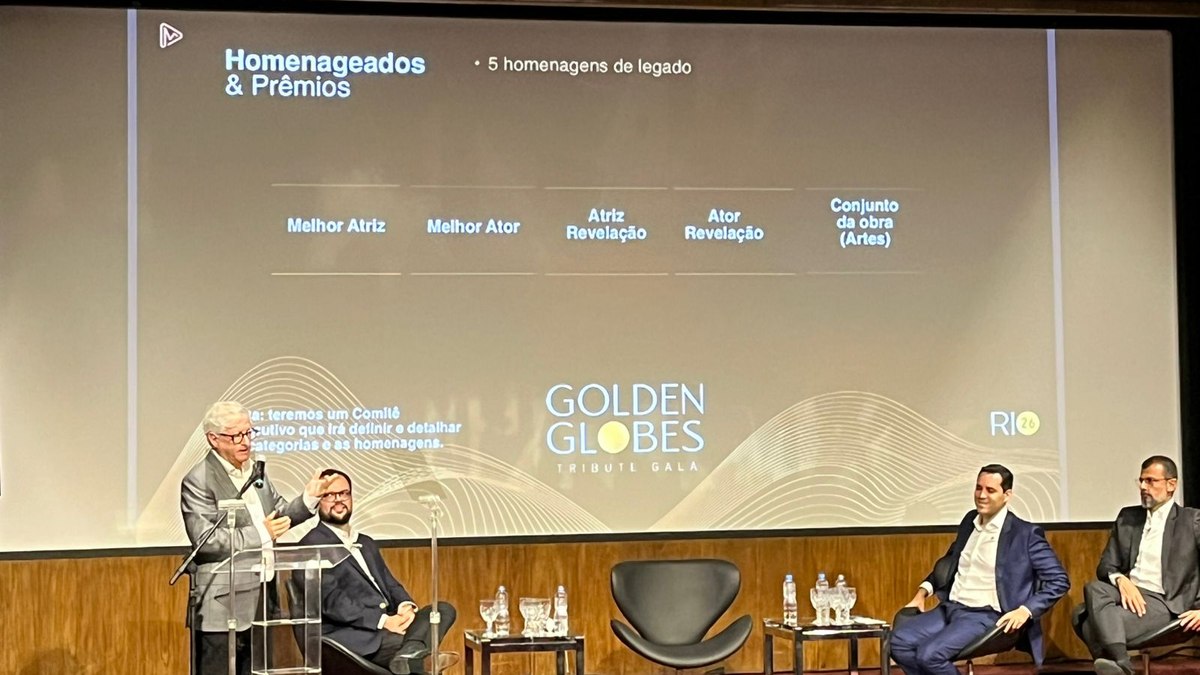 O produtor Uri Singer anuncia os prêmios que serão entregues durante o Golden Globes Tribute Gala, em coletiva na Cinemateca do MAM.