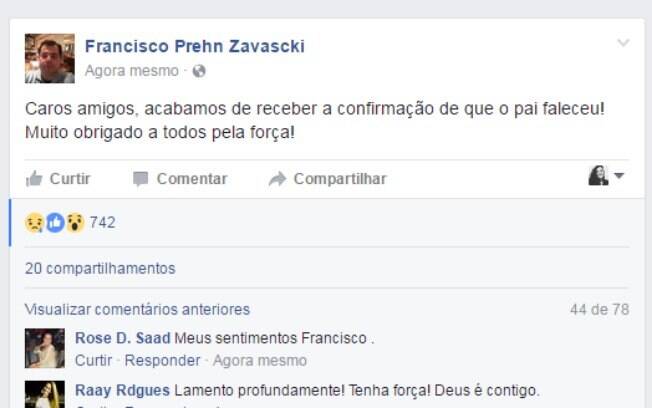 Filho do ministro confirma a morte de Zavascki pelo Facebook na tarde desta quinta-feira (19)