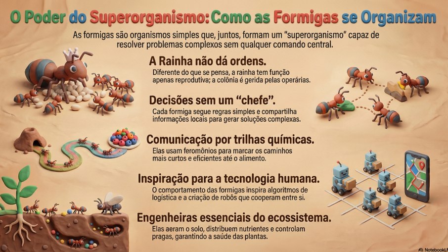 Infográfico explica como formigas se organizam como um “superorganismo”.