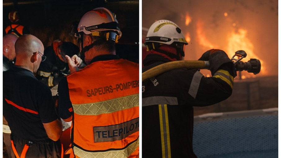 Bombeiros da região de Bordeaux (departamento da Gironda, na França), combatendo o fogo nesta madrugada de domingo (26)