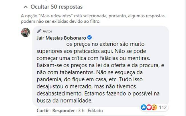 Um dos comentários do presidente na rede social