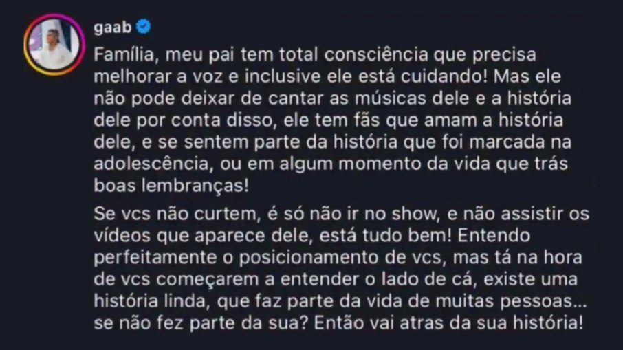 Gaab saiu em defesa do pai nas redes sociais 