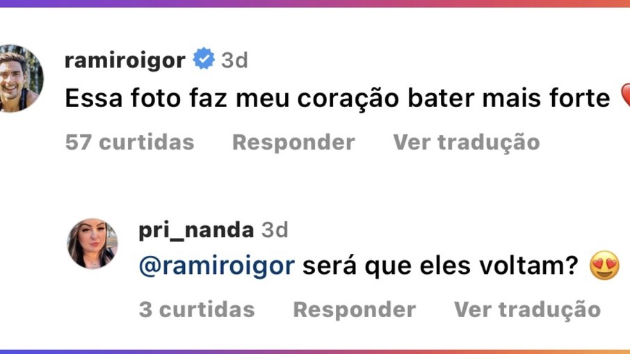 Print do comentário de Igor Ramiro, irmão de Carol, ex de Jesus Luz