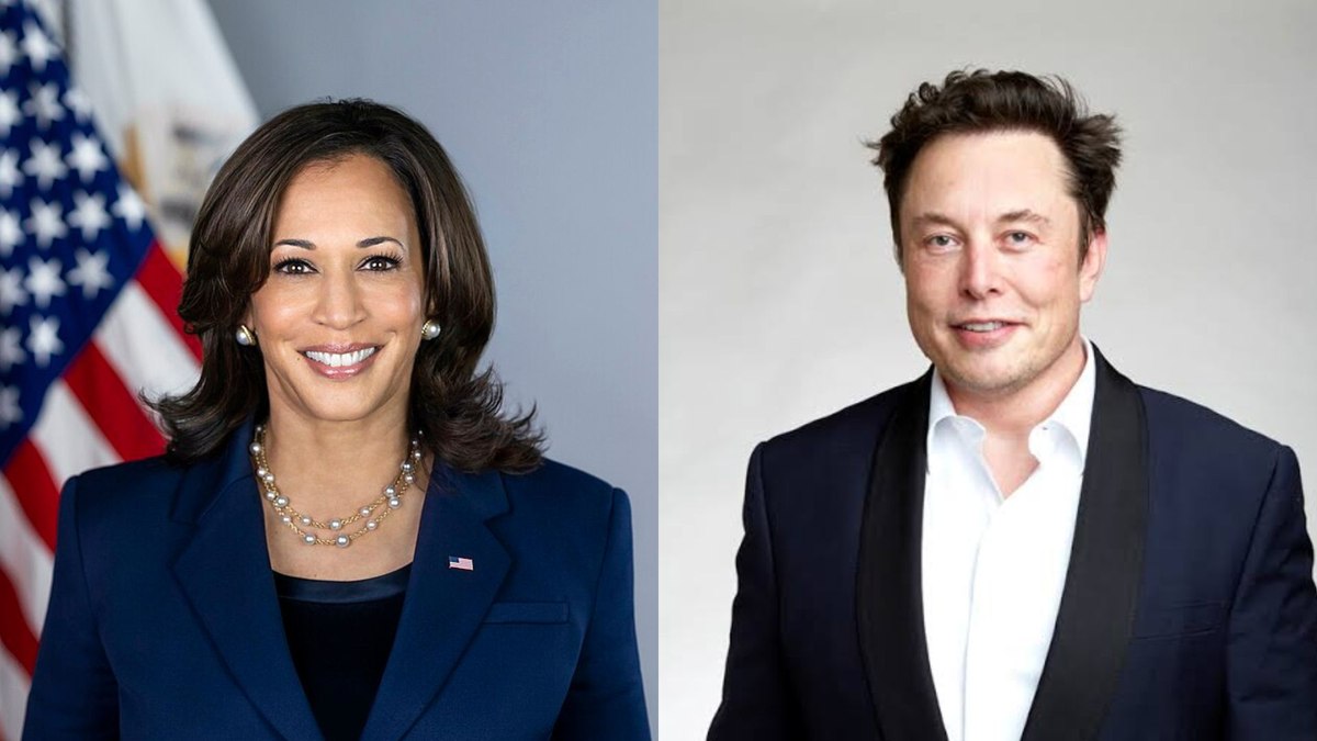 Candidata Kamala Harris e bilionário Elon Musk, que apoia Trump