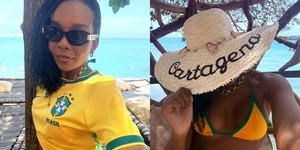 Ex-BBB Thelminha surge de biquíni do Brasil em férias na Colômbia