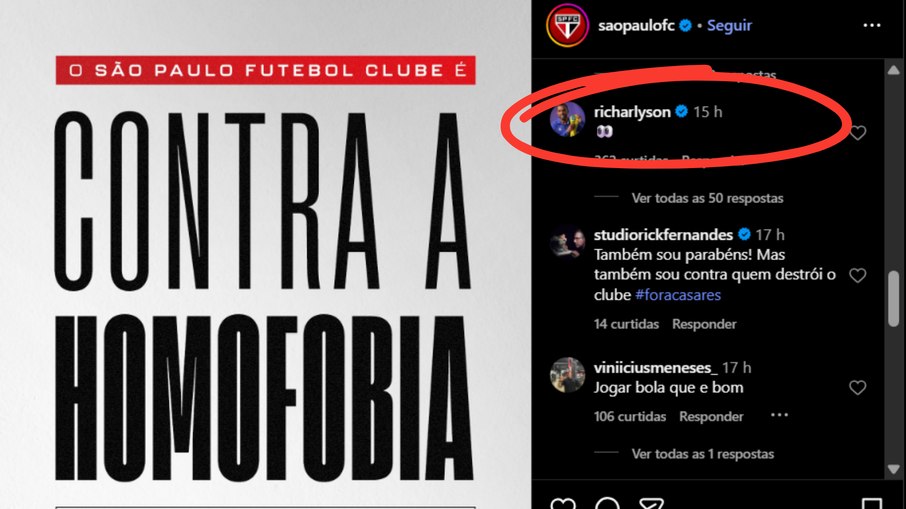 Indireta? Richarlyson comenta post do São Paulo contra homofobia
