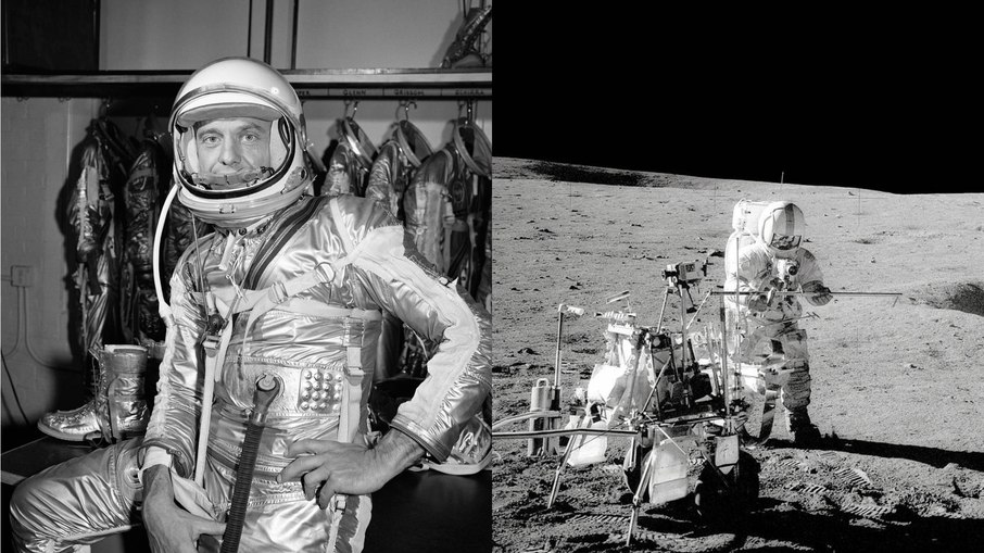Alan Shepard, primeiro americano no espaço, em treinamento antes da missão e durante a Apollo 14, quando voltou à Lua como comandante após anos afastado por problemas de saúde.
