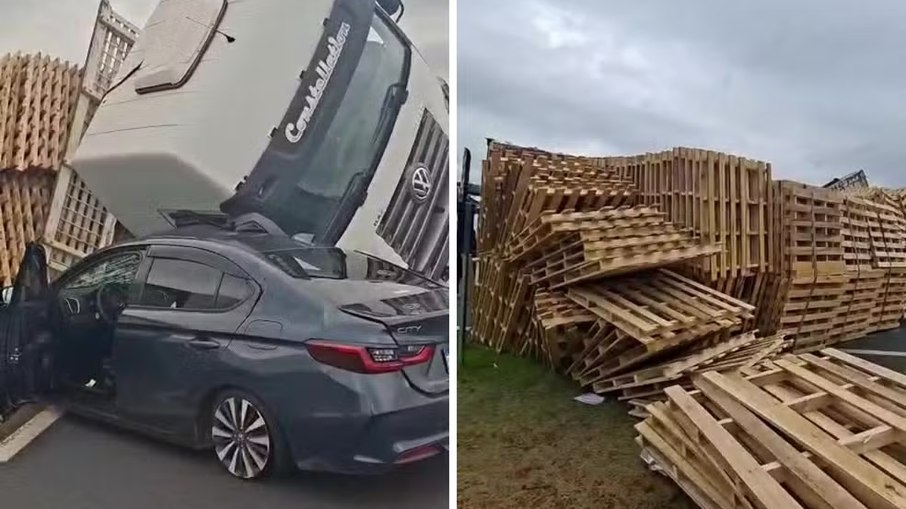 Caminhão com paletes tomba sobre carro na Rodovia dos Bandeirantes, em Hortolândia