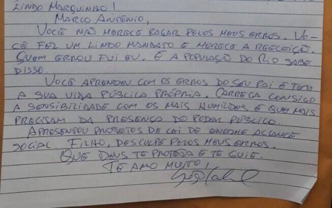 'Você não merece pagar pelos meus erros', diz Sérgio Cabral em carta a seu filho