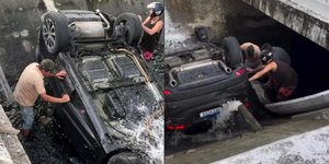 VÍDEO: carro capota em canal e moradores ajudam no resgate