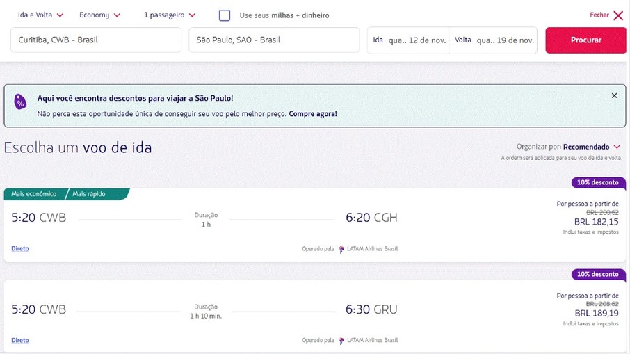 Passagens aéreas de Curitiba para São Paulo