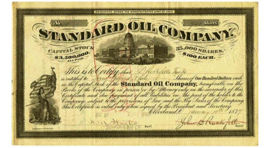 Certificado de ações original da Standard Oil Company em image_60883a.jpg, emitido em Cleveland, Ohio, em 10 de janeiro de 1878. O documento detalha o capital social de 3,5 milhões de dollars da empresa e destaca, no canto inferior direito, a assinatura manuscrita do próprio John D. Rockefeller atuando como presidente.