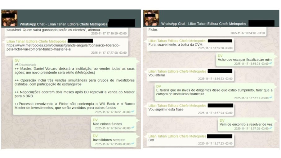 Mensagens trocadas entre Lilian Tahan e Daniel Vorcaro