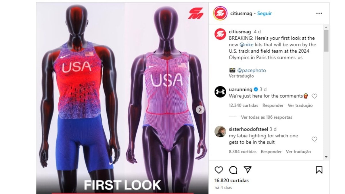 Nike é acusada de 'sexismo' por uniforme da seleção feminina de atletismo dos Estados Unidos para as Olimpíadas de Paris