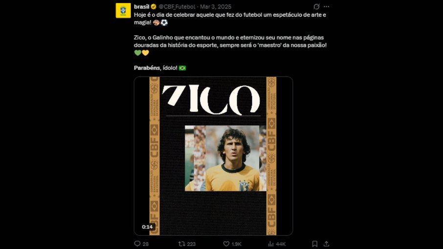CBF parabenizando Zico por seu aniversário de 72 anos CBF parabenizando Zico por seu aniversário de 72 anos