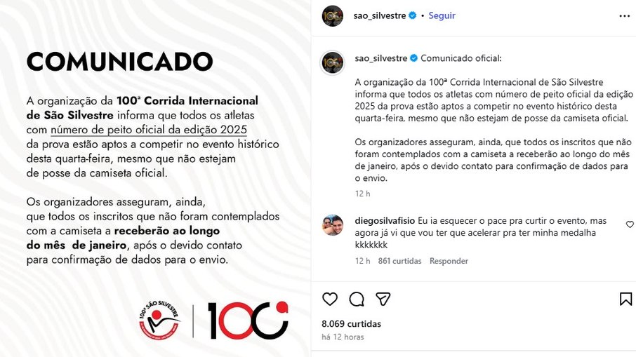 Organização da São Silvestre que divulgou uma nota oficial assumindo a falha