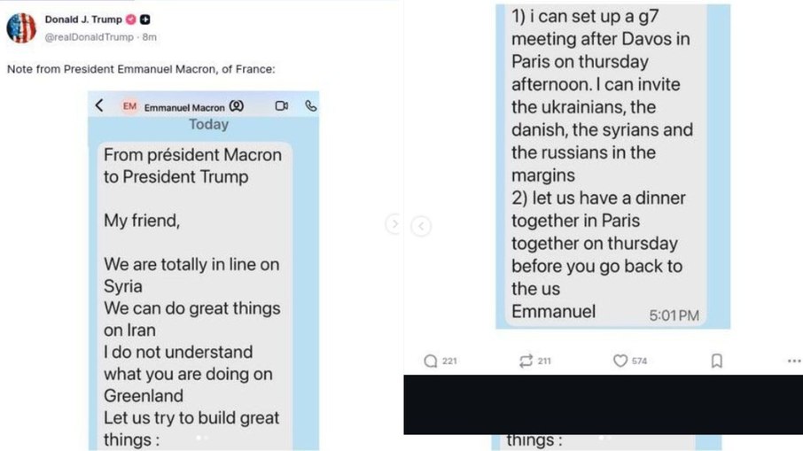 Trump divulga mensagem de Macron sobre Groenlândia e convite em Paris Trump divulga mensagem de Macron sobre Groenlândia e convite em Paris