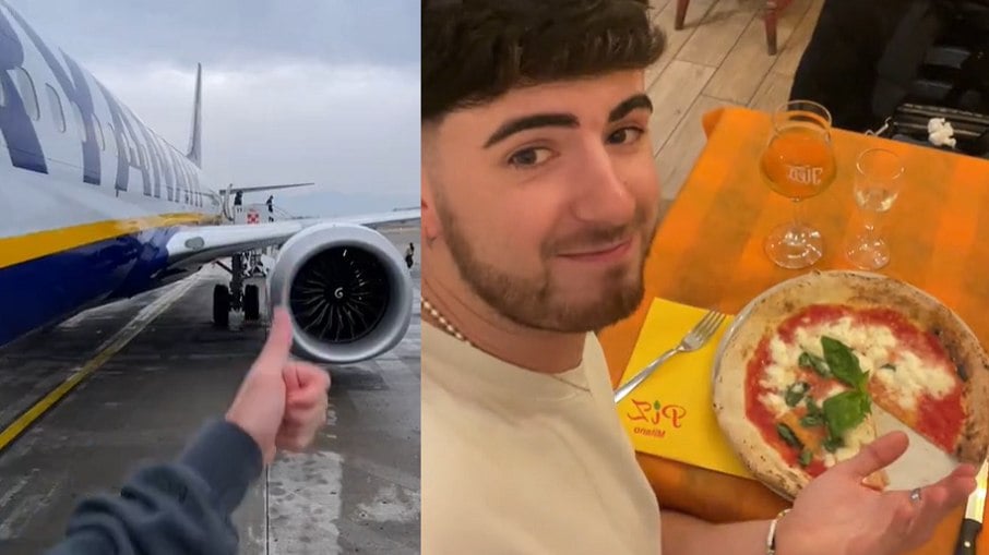 O influenciador londrino Callum Ryan pegando o avião em Londres e comendo a pizza em Milão.
