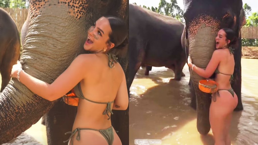 Mel Maia posa com elefantes